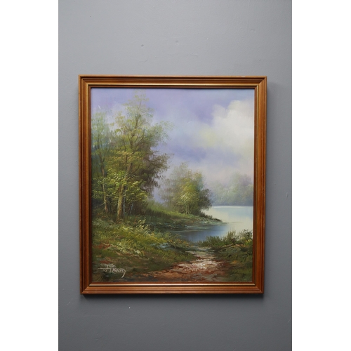 378 - Three Original Oil on Canvass in Framed Mounts Depicting Lakeside and Seashore Scenes (Largest 26