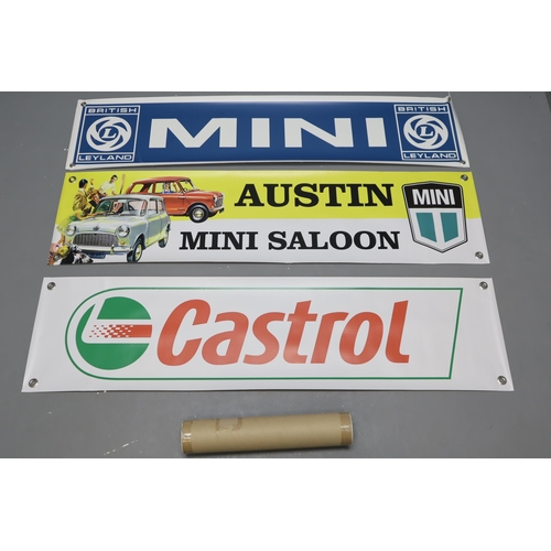 432 - Selection of Banners including Austin Mini, Castrol, British Leyland Mini and a Union Jack Car Roof ... 