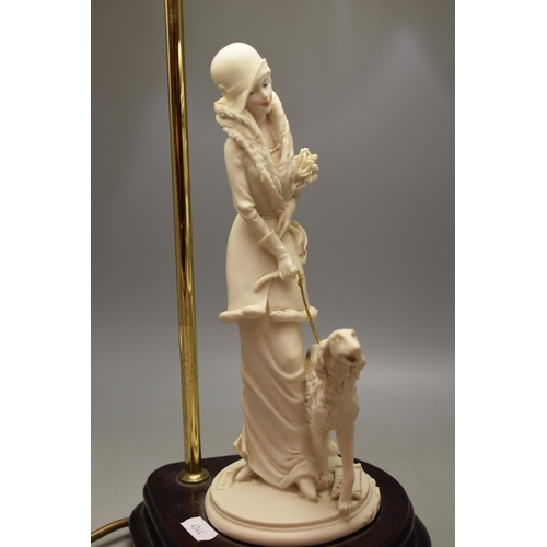 149 - A Resin A Belcari Lamp, Depicting Art Deco Style Lady Walking Dog. Lights Up When Tested. Approx 26