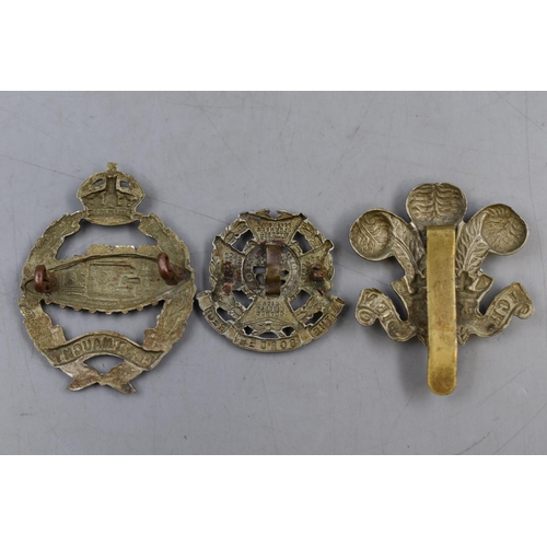 157 - Three Military Badges. Includes Border Regiment, Prince of Wales Feathers and Royal Tank Regiment