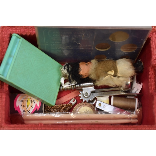 441 - Vintage Sewing Box Containing Britains First Decimal Coins, Vanity Mirror and More