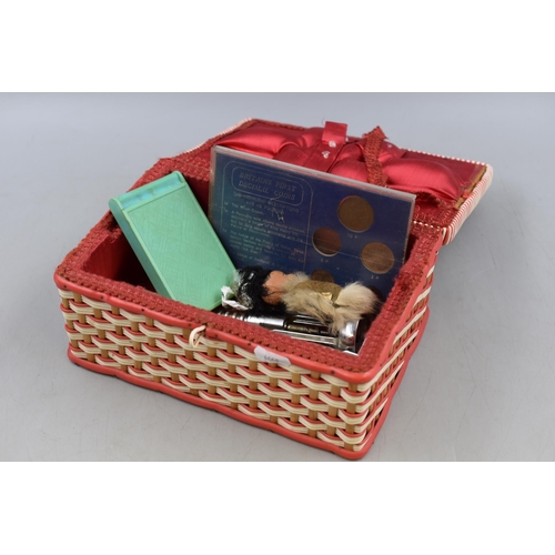 441 - Vintage Sewing Box Containing Britains First Decimal Coins, Vanity Mirror and More