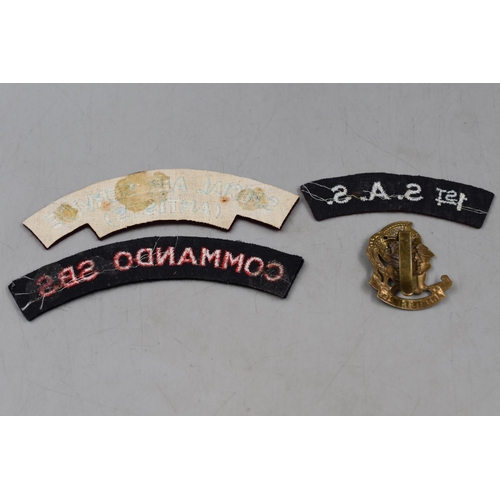 159 - Four SAS Military Patches and Badge, Includes Artist Rifles Badge.