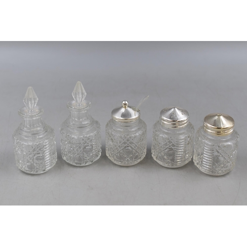 167 - A Five Piece Cut Glass Rotating Cruet Set, Approx 7.5