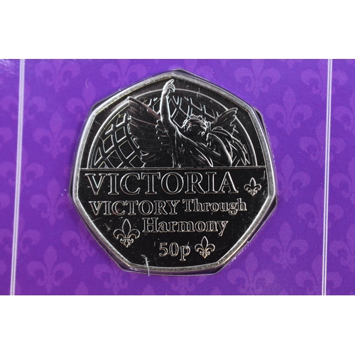 195 - 2022 Brilliant Uncirculated Platinum Jubilee Fifty Pence Coin, Victoria Victory Through Harmony