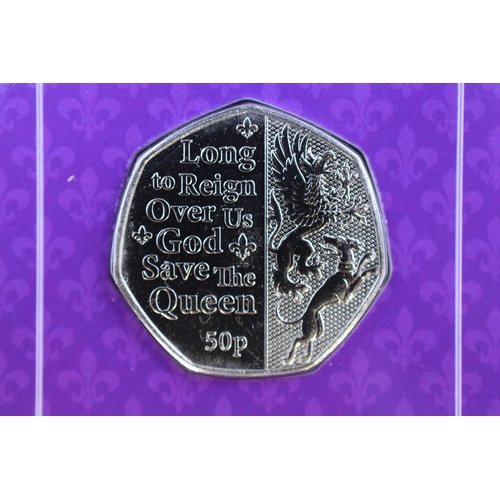 196 - 2022 Brilliant Uncirculated Platinum Jubilee Fifty Pence Coin, Long To Reign Over Us God Save The Qu... 