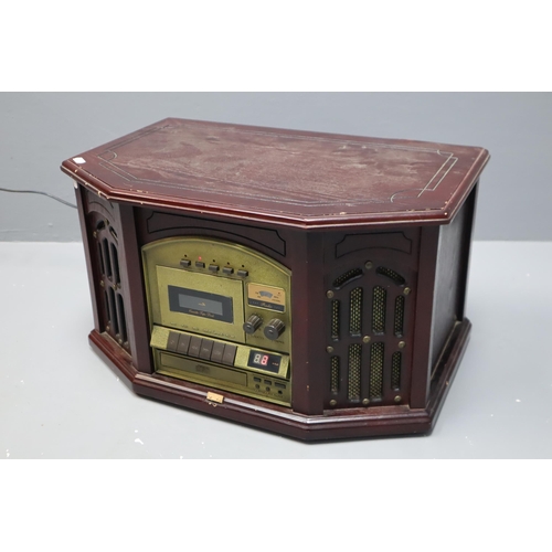 492 - Wood Cased Stereo System with Record Deck, Cassette Player, Radio and CD (Powers On)