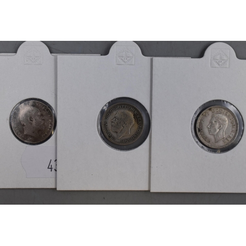 215 - Edward VII, George V and George VI Silver 3D Coins (1902, 1932, 1938)