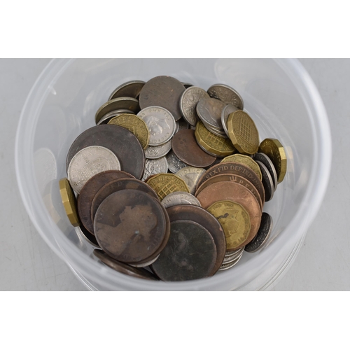 216 - Two Tubs of Unsorted UK And Worldwide Coinage, Approx 1.4KG.