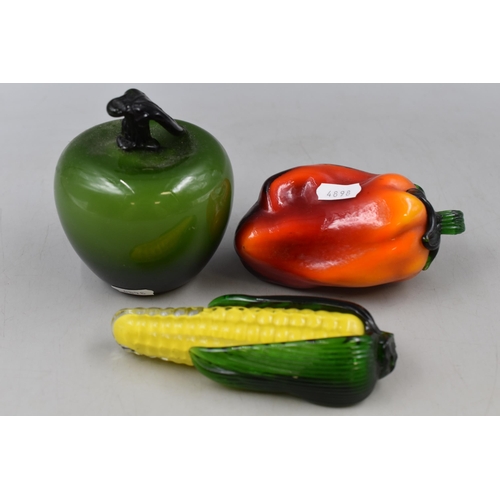 247 - Three Vintage Glass Murano Style Vegetables to include Corn on the Cob, Red Pepper and a Green Peppe... 