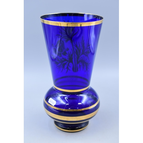 256 - Large 1960's Cobalt Blue Glass vase with Gold Floral Design 11