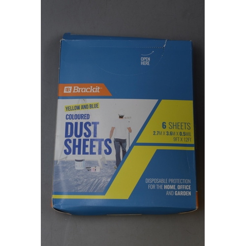 661 - Six Boxes of Brackit Yellow and Blue Coloured Dust Sheets (9ftx12ft). Each Box Contains Six.