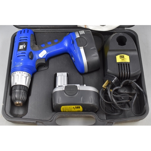 647 - Cased PBX 18v Cordless Hammer drill complete with Charger, Spare Battery, Drill Bits, and hex bits p... 