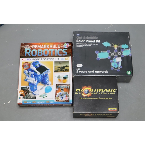 707 - Large Selection of Games and Tins including Reminiscing, Solar Panel Kit, Evolutions, Robotics and M... 