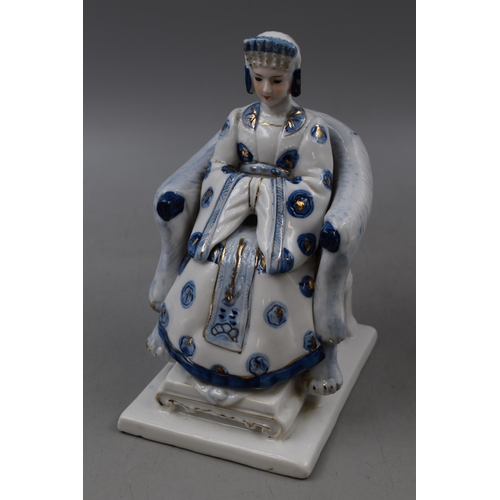 118 - Vintage Ceramic Seated Empress by Haruta Woman Figurine, Blue and White with Gold accents, Taiwan, a... 