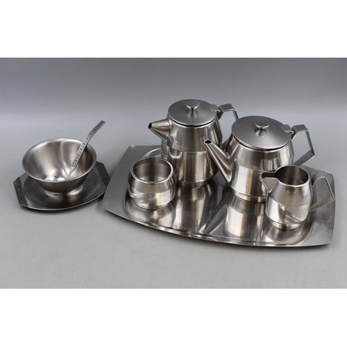 308 - Mid Century Nutbrown Stainless Steel Tea Set Complete with Tray