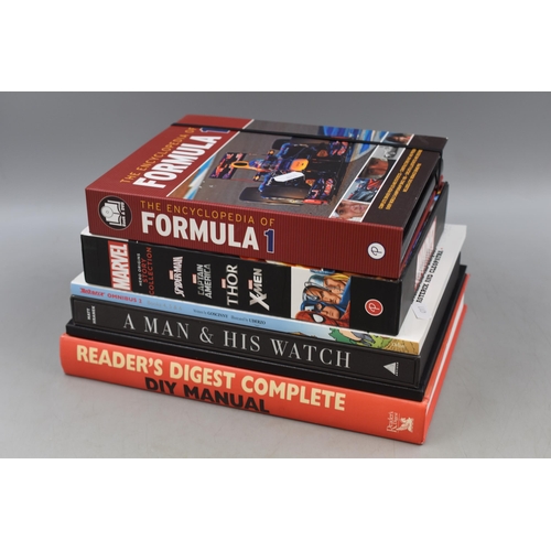 511 - A Selection of Books Includes Formula 1 Encyclopedia (With DVD), Marvel Hero Origins Story Collectio... 