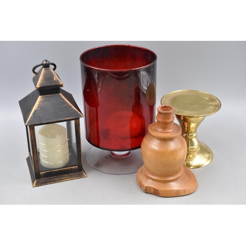 675 - Mixed Lot of Candle Holders to include a Large Cherry Glass Holder, Hand Carved, Brass and Lantern