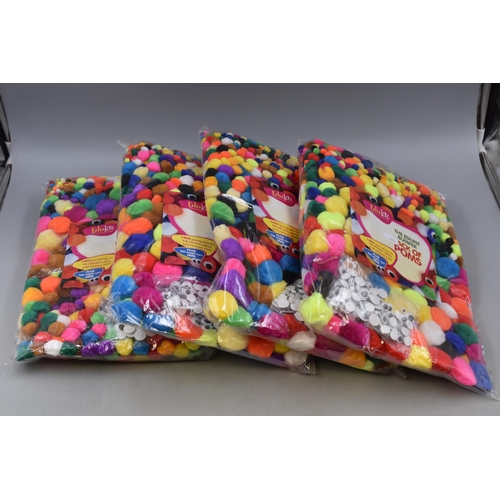 687 - Four Packs of EduKit 'Bumper Pack of Poms'. 1000 Pompoms in 14 Colours and 200 Wiggle Eyes In Each P... 