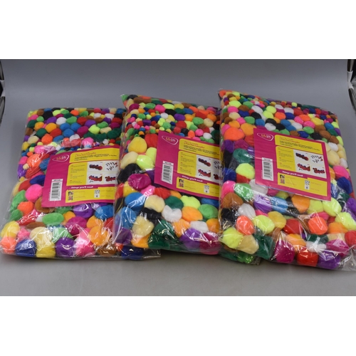 689 - Three Packs of EduKit 'Bumper Pack of Poms'. 1000 Pompoms in 14 Colours and 200 Wiggle Eyes In Each ... 