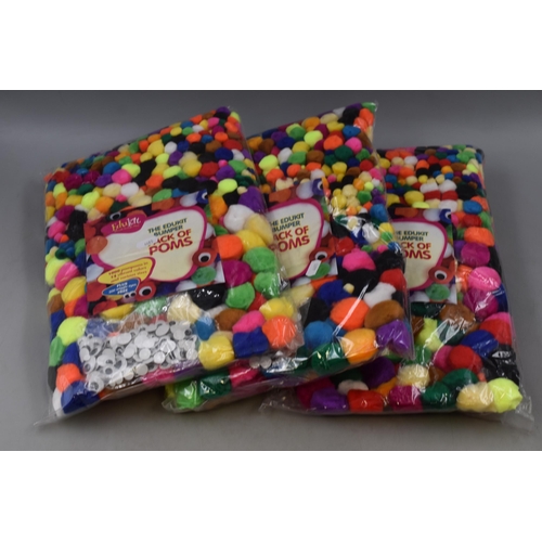 689 - Three Packs of EduKit 'Bumper Pack of Poms'. 1000 Pompoms in 14 Colours and 200 Wiggle Eyes In Each ... 