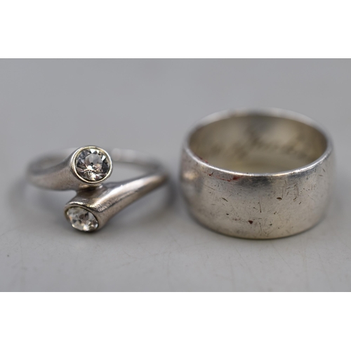 14 - Two Sterling Silver Rings, Includes Clear Stoned and Hallmarked London Silver Band Ring. Sizes P/Q A... 