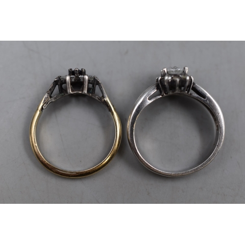 16 - Two Silver Rings. Includes Cz Stoned Sterling Silver Ring, And Gold on Silver Ring. Both Size M