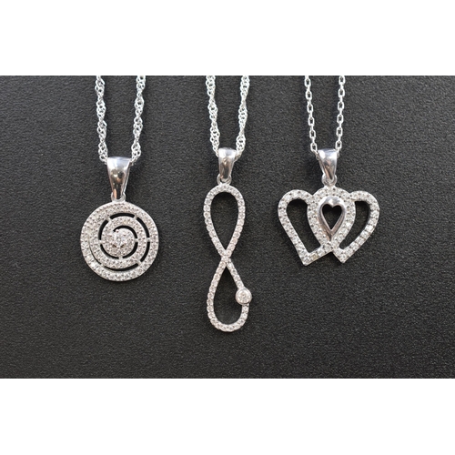 19 - Selection of Three Silver 925 Diamanté Pendants on Silver 925 Chains. Includes Infinity, Hear... 