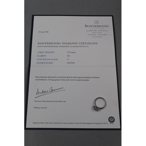 34 - Platinum 950 Ring with 0.75 Carat Diamond Clarity S11 Colour G Comes complete with Certificate and O... 