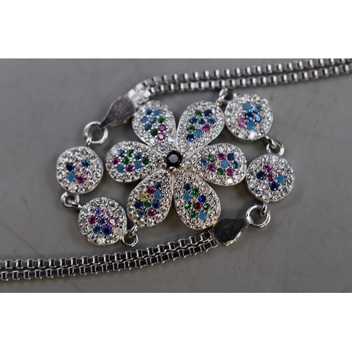 41 - Silver 925 Flower Design Bracelet with Multi Coloured Stones