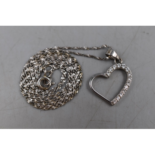 42 - Silver 925 Clear Stoned Heart Pendant Necklace. Complete in Presentation Box. (Pendant approx. 1.5cm... 