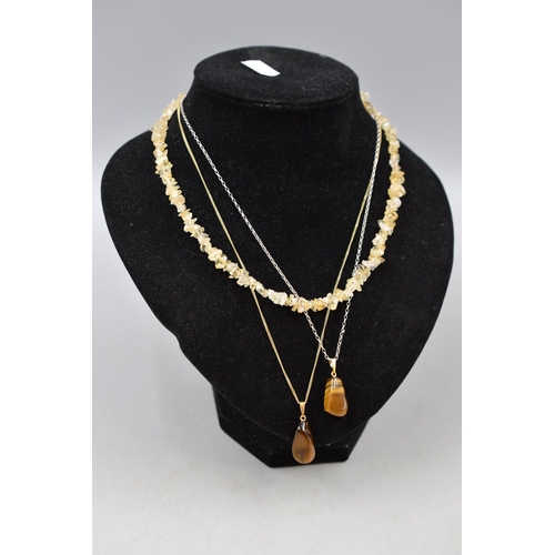 43 - Three Vintage Necklaces. Includes Art Deco Glass Chip Necklace, And Two Tigers Eye Pendants on 925. ... 