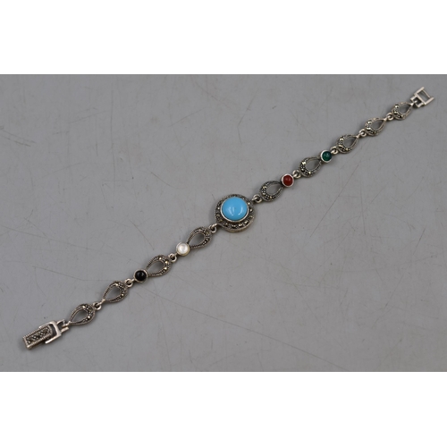 55 - Silver 925 Marcasite Bracelet with Multi Coloured Stones