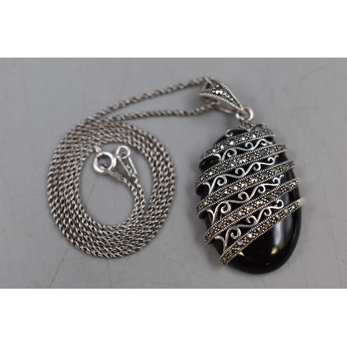 60 - Marcasite Black Oval Stoned Pendant on Silver 925 Chain (Oval Pendant length Approx. 3cm)