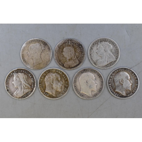 130 - A Selection of Seven Silver UK Threepence Coins (1884, 1890, 1895, 1901, 1902, 1903 and 1904)