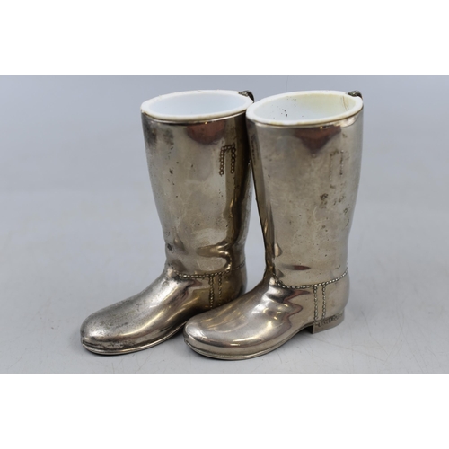 192 - Two Silver Plated Boot Spirit Measures and a Set of 1950s Shot Glasses in Box