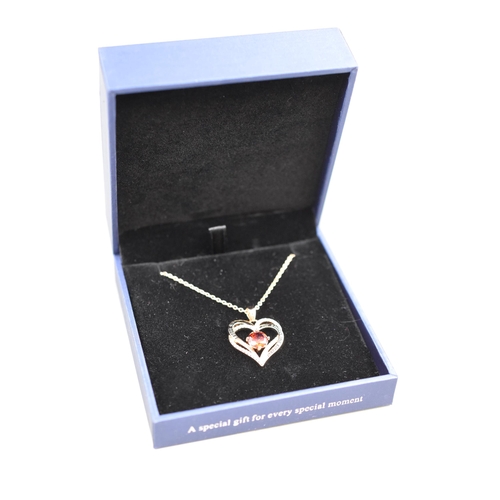 235 - Rose Gold Coloured Silver 925 Heart Pendant Necklace with Red Stone. Complete in Presentation Box.