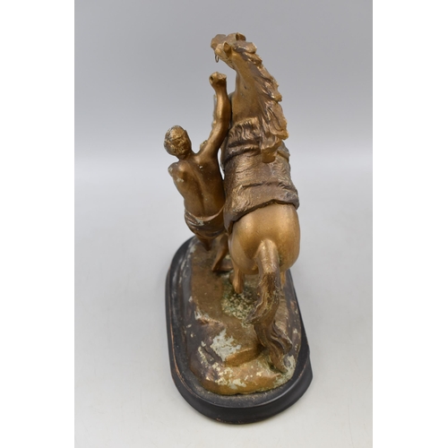 259 - After Guillaume Coustou the Elder Metal Brass Effect French Marly Horses Figure, On Wooden Plinth. A... 