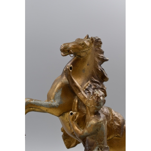 259 - After Guillaume Coustou the Elder Metal Brass Effect French Marly Horses Figure, On Wooden Plinth. A... 