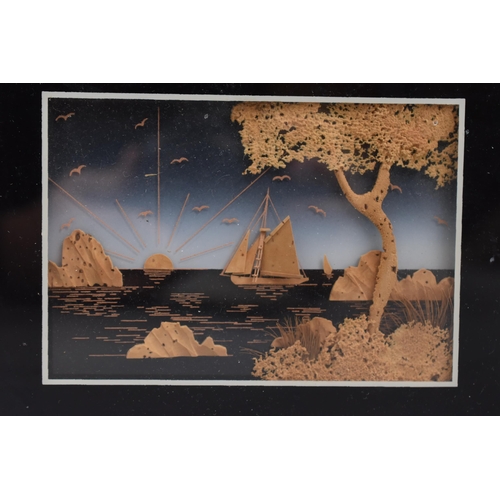 279 - Two Mid Century Very Detailed Miniature Framed and Glazed Cork Dioramas Sunset in the Harbor Scenes ... 