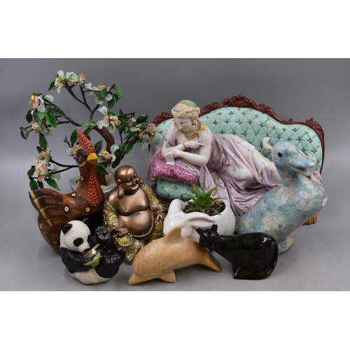 739 - Mixed Selection of Statues/Decorations Including Laughing Buddha, Floral Pattern Duck and More