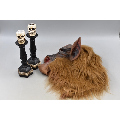 742 - Werewolf Mask and a Pair of Gothic Skull Candleholders (10