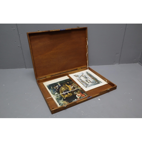 743 - Large Wooden Storage Box with Contents of Art Prints and Italian painting book approx 25