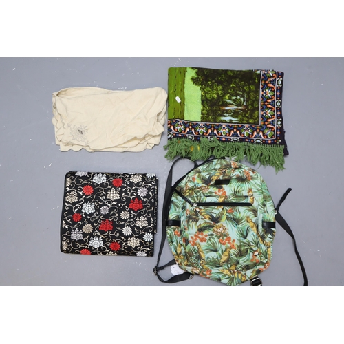 719 - Henry Holland Backpack Containing Embroidered Silk Table Runner, Wall Hanging and More