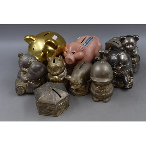 721 - A Selection of Ten Assorted Money Boxes. Includes Barclays Piggy Bank, Squirrel, Humpty Dumpty, And ... 