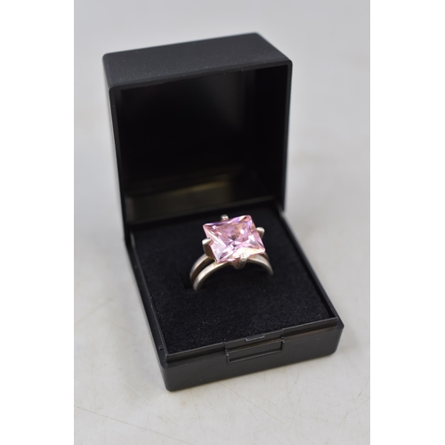 26 - Silver 925 Large Pink Stoned Ring Complete with Presentation Box