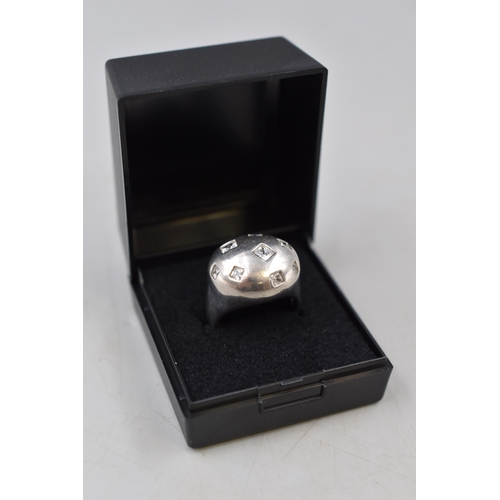 29 - Hallmarked Birmingham Silver and Clear Stoned Ring Complete with Presentation Box