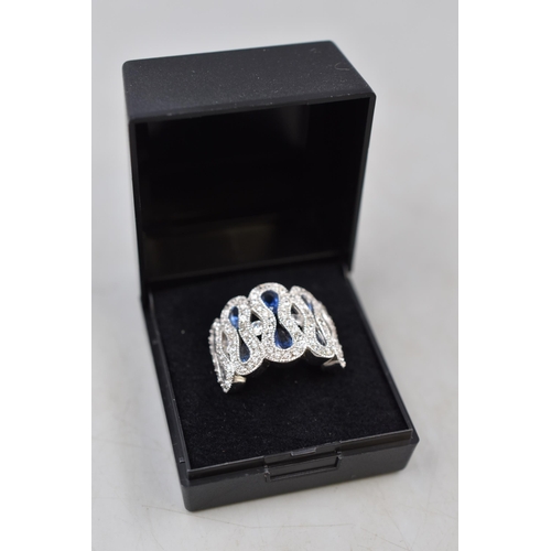 48 - Silver 925 Diamante and Blue Stoned Ring (Size N) Complete with Presentation Box