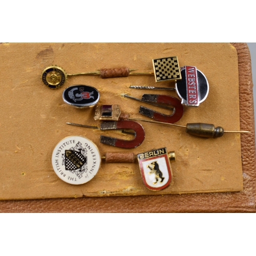 89 - Selection of Pin Badges, Tie Clips, Royal Navy Submariners Badge and a Leather Case