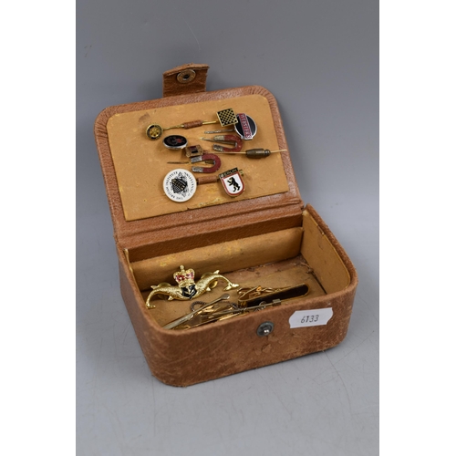 89 - Selection of Pin Badges, Tie Clips, Royal Navy Submariners Badge and a Leather Case